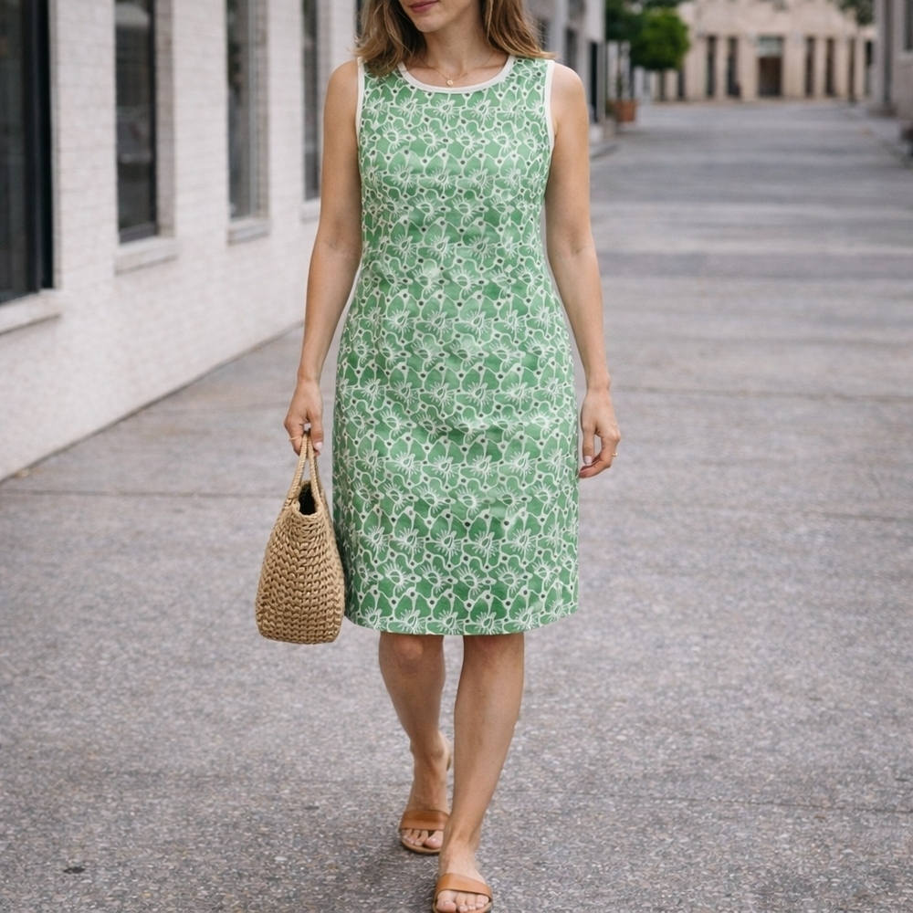 Talbots Linen Green White Floral Embroidered Eyelet Sleeveless Shift Dress